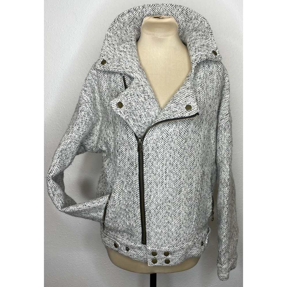JOA Women Jacket Herringbone Tweed Moto Asymmetrical Zip Small Gray White